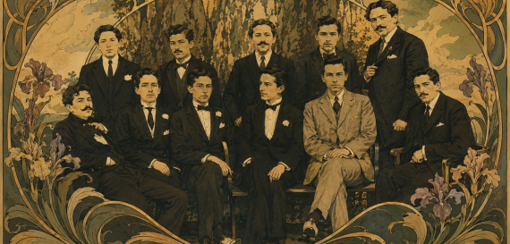 Retrato en blanco y negro de Abraham Valdelomar y los integrantes del Grupo Colónida en 1916.